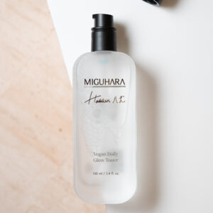 Miguhara Vegan Daily Glow Toner 100ml in a glass bottle layer flat with open black cap