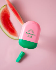 Patch Holic Watermelon Moisture Gel Cream With opened cap and watermelon slices in the background