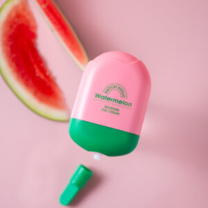 Patch Holic Watermelon Moisture Gel Cream With opened cap and watermelon slices in the background
