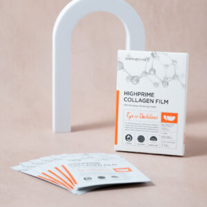 Dermarssance Collagen Film Eye and Smile Line box and packets layout in a shape of a fan